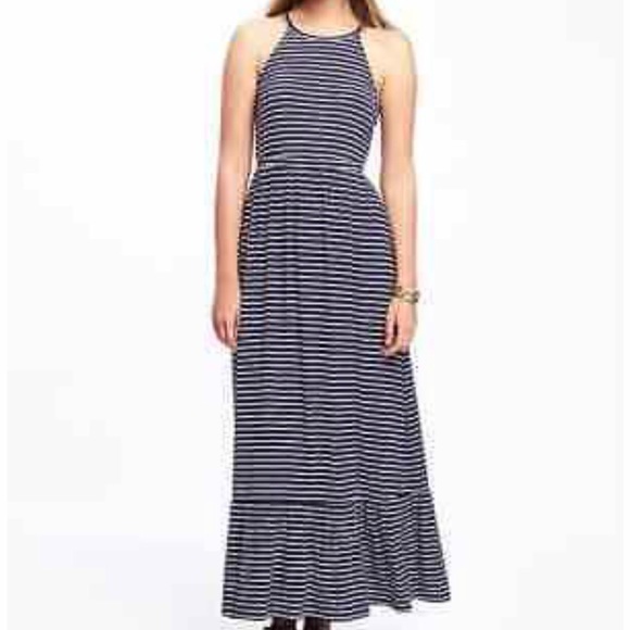 Old Navy Knit Tiered Navy Stripe Maxi Dress - Picture 2 of 13